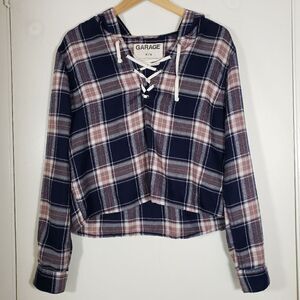 Garage Plaid Long Sleeve Lace Front Semi Cropped Flannel Size M